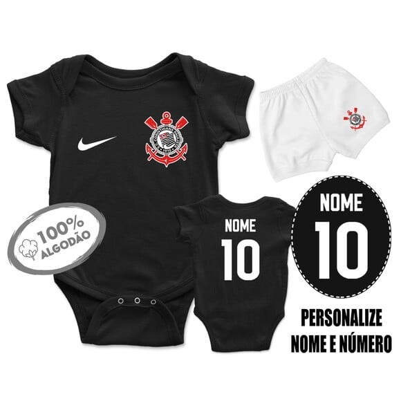 Conjunto Body Bebê Personalizado Corinthian.s Timão Preto