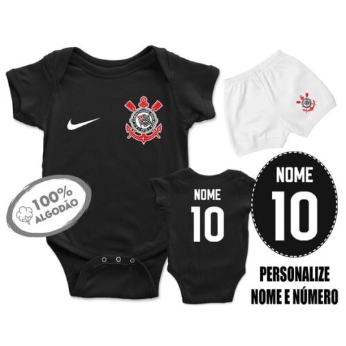 Conjunto Body Bebê Personalizado Corinthian.s Timão Preto
