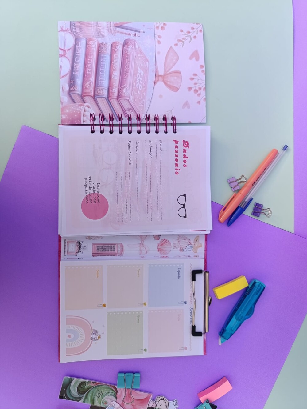 Caderno ficha de leitura com bloco de planejamento (planner)