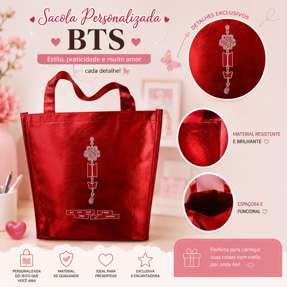 Sacola Personalizada BTS Vermelha Metalizada Reutilizável Presen