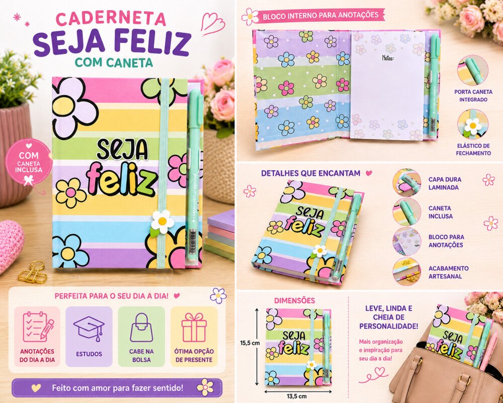 Case Seja Feliz Com Bloco de Notas Capa Dura Elástico e Porta Ca