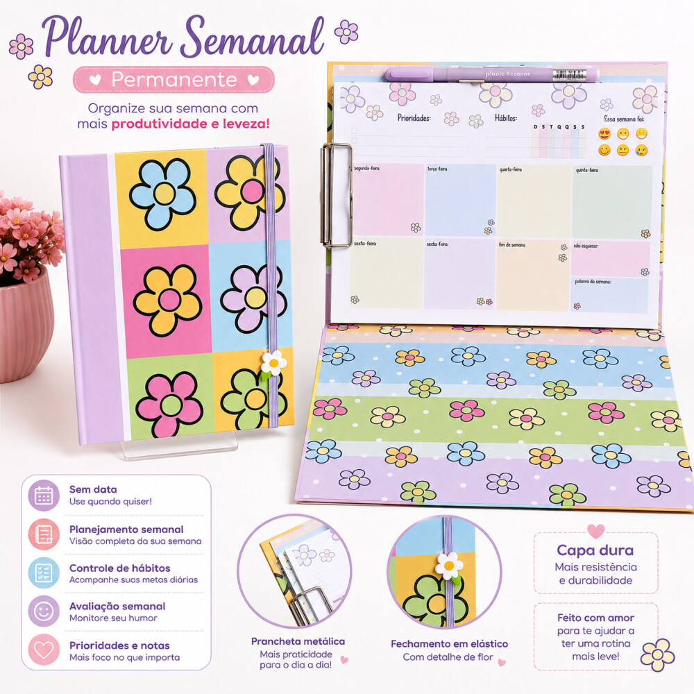Prancheta Planner Semanal de Mesa Permanente Floral Organizador S