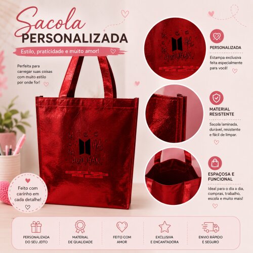 Sacola Personalizada BTS Hooligan Metalizada Vermelha Ecobag Presente ARMY Kpop