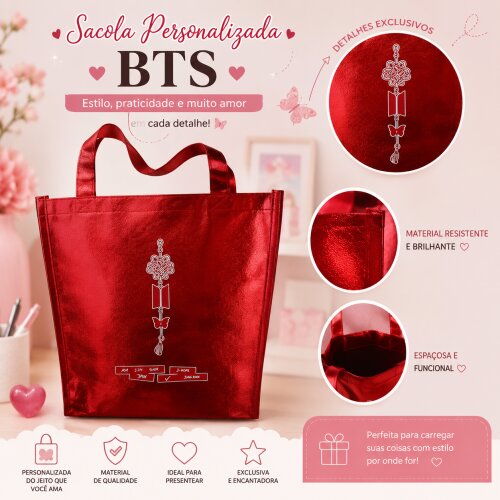 Sacola Personalizada BTS Vermelha Metalizada Reutilizável Presente Kpop