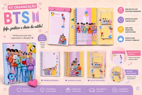 Kit Organização BTS BT21 Caderno Personalizado com Bloco To Do List Refil e Blocos Destacáveis