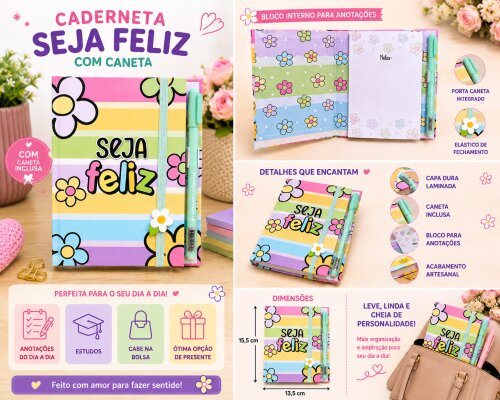 Case Seja Feliz Com Bloco de Notas Capa Dura Elástico e Porta Caneta