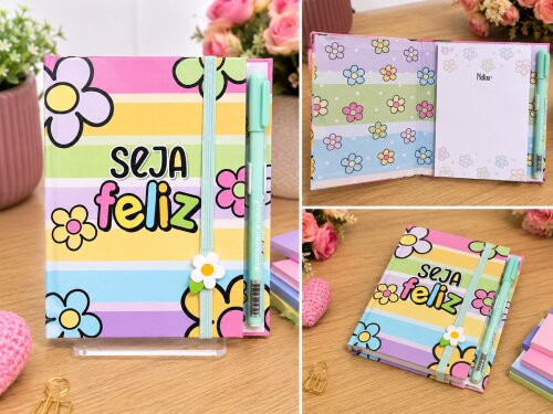 Case Seja Feliz Com Bloco de Notas Capa Dura Elástico e Porta Ca