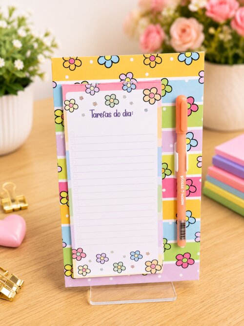 Ímã de Geladeira To Do List Com Caneta Floral