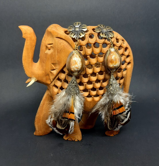 Brincos Em Búzio Africano, Penas Diversas E Ouro Velho