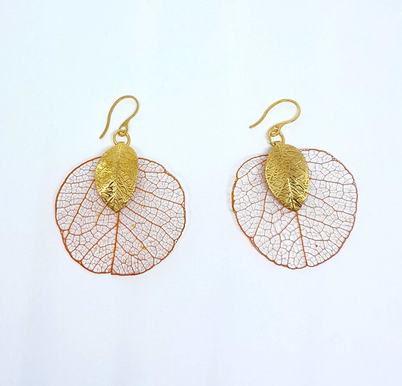 Brincos em Folha Natural Esqueletizada Laranja e Aço Inox