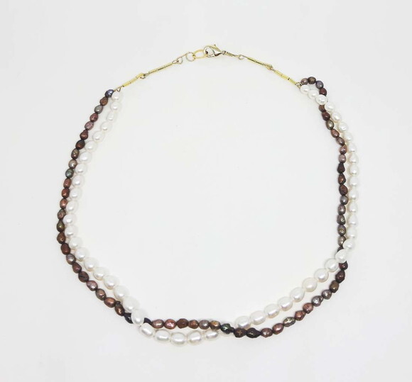 Colar Em Pérola Barroca Frisada Em Branco Natural E Bronze
