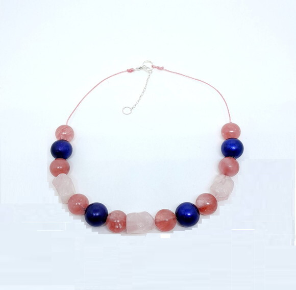 Colar em Quartzo Rosa Natural e Cristal Cherry (cereja)