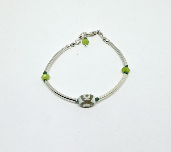 Pulseira em Ágata Tibetana, Cristal e Jade Naturais