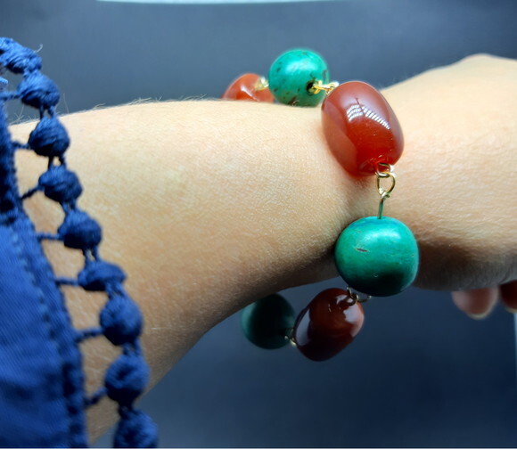 Pulseira Em Ágatas Naturais, Paxiubão E Peças Folheadas