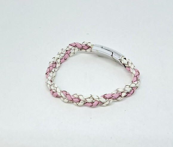 Pulseira em Couro Natural Trançado nas Cores Branco e Rosa