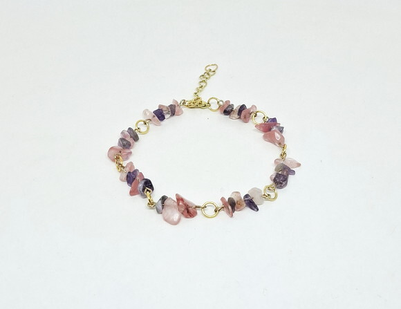 Pulseira em Cristais Cor de Rosa e Ametista em Cascalho