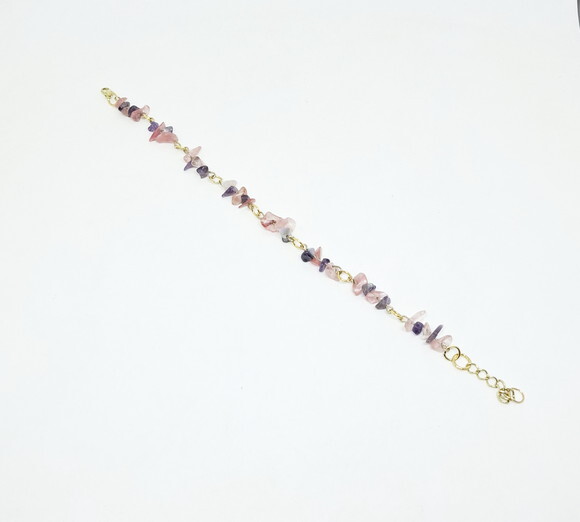 Pulseira em Cristais Cor de Rosa e Ametista em Cascalho
