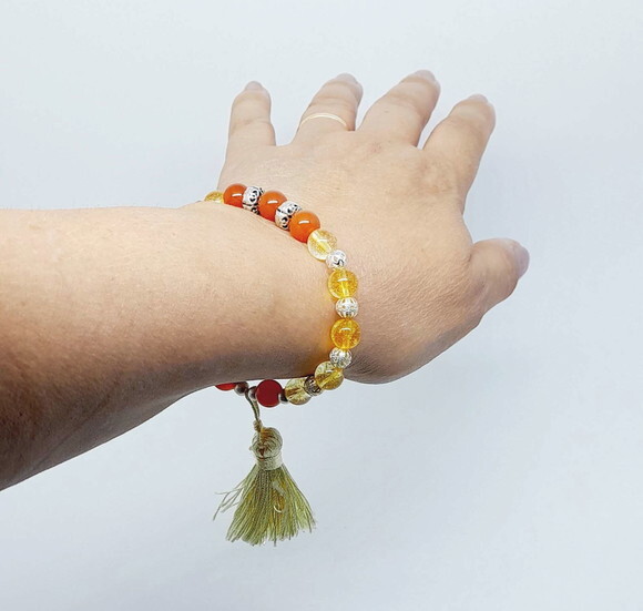 Pulseira em Cristal Amarelo e Jade Alaranjada com Peças Folh