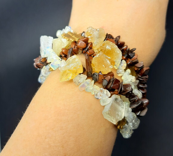 Pulseira em Pedra Citrino, Olho de Boi, Opalina e Obsidiana