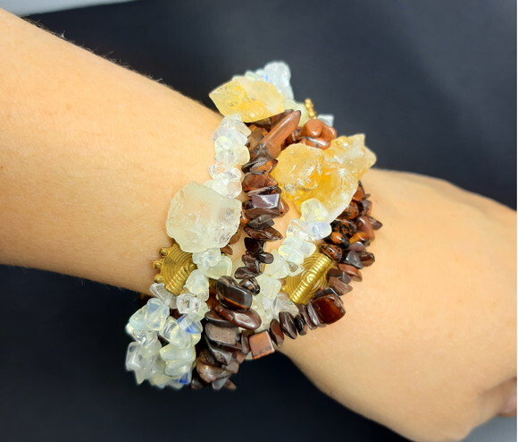 Pulseira em Pedra Citrino, Olho de Boi, Opalina e Obsidiana