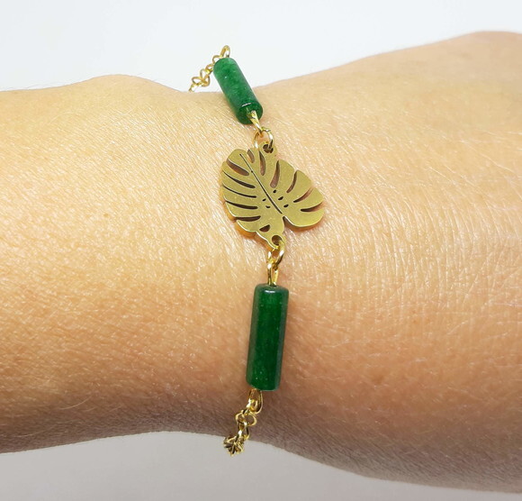 Pulseira em Pedra Natural Quartzo Verde e Aço Inoxidável