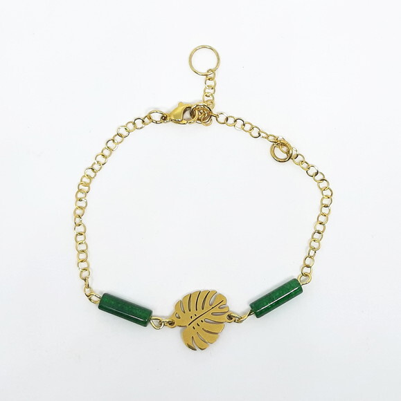 Pulseira em Pedra Natural Quartzo Verde e Aço Inoxidável