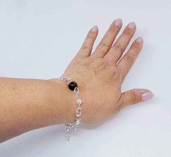 Pulseira Folheada a Prata com Bolinhas de Ágata Fumê