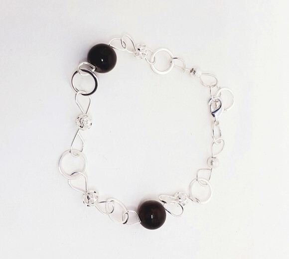 Pulseira Folheada a Prata com Bolinhas de Ágata Fumê