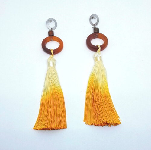 Brincos em Ágata Alaranjada Natural, Tassel e Aço Inox