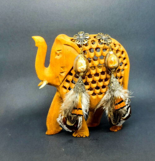 Brincos Em Búzio Africano, Penas Diversas E Ouro Velho