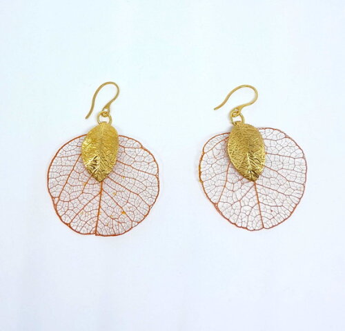 Brincos em Folha Natural Esqueletizada Laranja e Aço Inox
