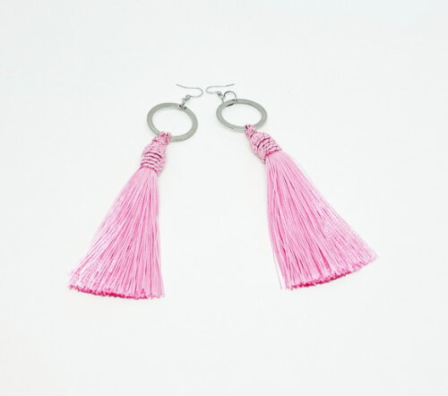 Brincos Longos em Tassel Rosa e Aço Inoxidável com Argola