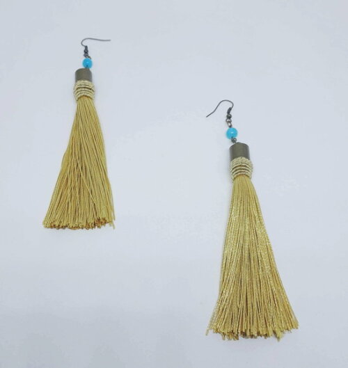 Brincos Longos em Tassel Dourado, Ouro Velho e Jade Azul