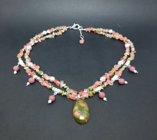 Colar em Cristal Cherry, Turquesa Africana e Unaquita