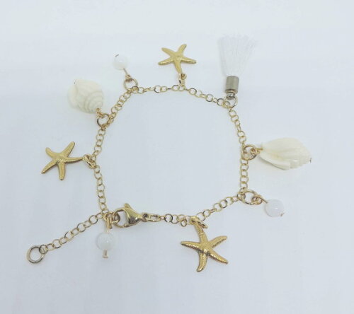Pulseira em Aço Inox Dourado com Madrepérolas e Tassel