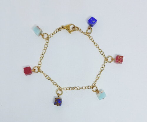 Pulseira em Aço Inoxidável Dourado com Pedras Jaspe Imperial