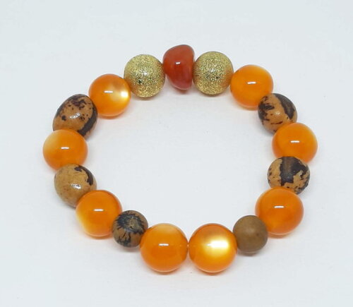 Pulseira Em Ágata Natural, Olho De Gato E Sementes