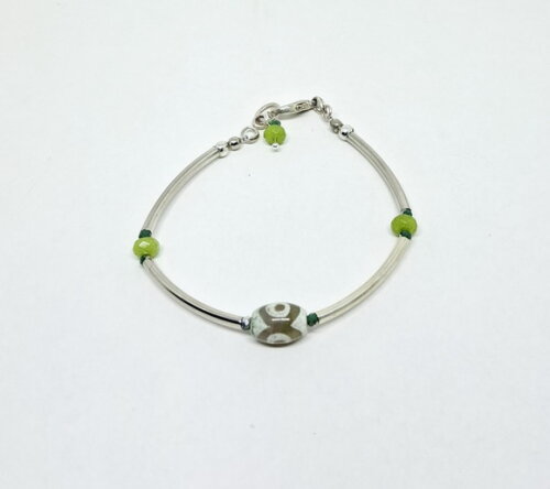 Pulseira em Ágata Tibetana, Cristal e Jade Naturais