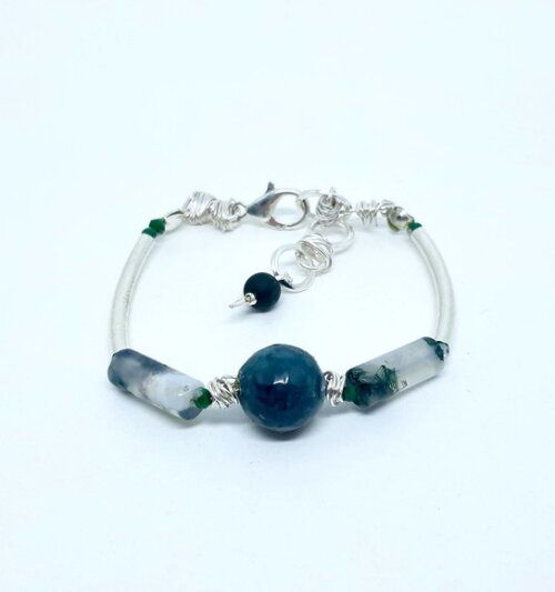 Pulseira em Ágatas Verdes e Peças Folheadas