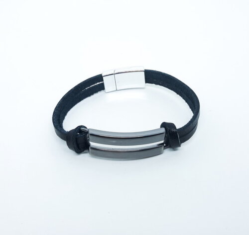 Pulseira em Couro Natural Preto e Metal na Cor Grafite