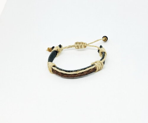 Pulseira em Couro Natural Preto e Couro Trançado Marrom