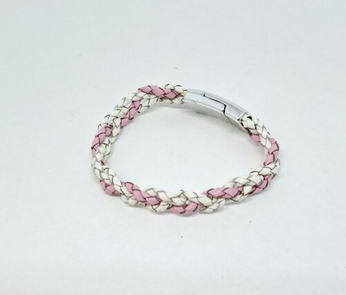 Pulseira em Couro Natural Trançado nas Cores Branco e Rosa
