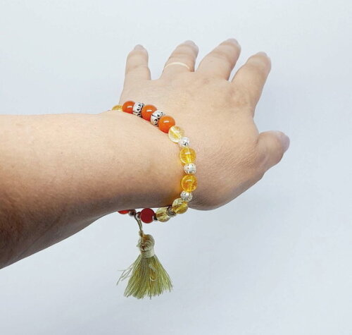 Pulseira em Cristal Amarelo e Jade Alaranjada com Peças Folh