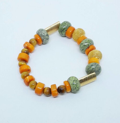 Pulseira em Jaspe Cobra Natural, Coral e Olho de Tigre