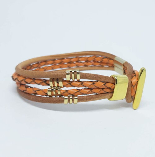 Pulseira Em Metal Dourado, Couro Natural Cru E Alaranjado