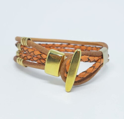 Pulseira Em Metal Dourado, Couro Natural Cru E Alaranjado