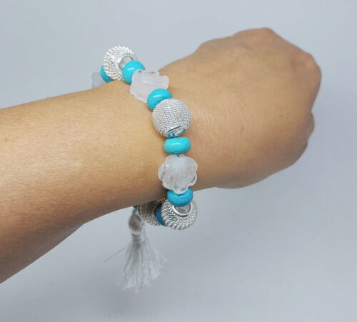 Pulseira em Peças Folheadas a Prata, Cristal Rosa e Howlita