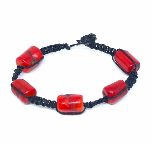 Pulseira Shambala em Fio Preto Encerado e Corais Naturais