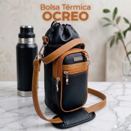 Bolsa Térmica de Luxo Artesanal OCREO - Couro Sintético Premium, Bolsa com Bolsos p/ Garrafa e Alças Removíveis Wine Bag
