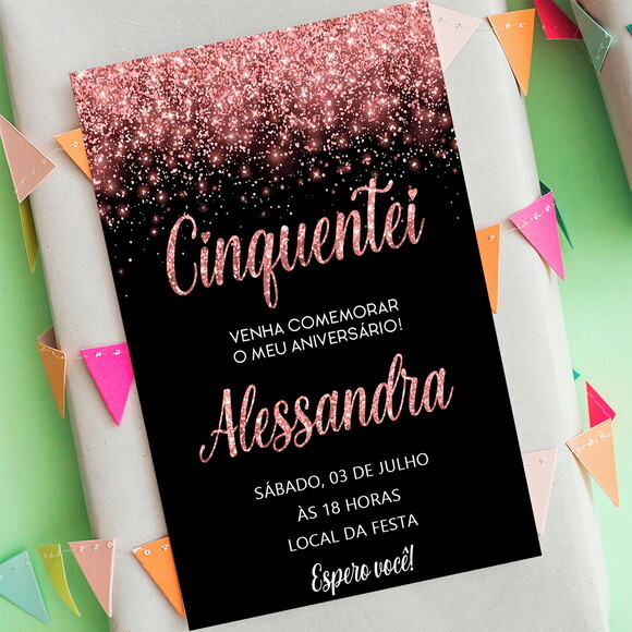 Convite 50 Anos Aniversário Festa Cinquentei Rose Digital
